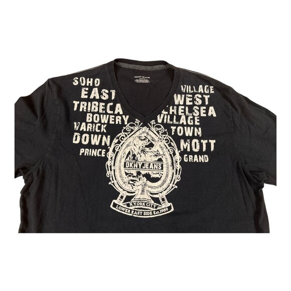 DKNY Jeans NYC Crest Graphic Tee XL Black Tribeca SoHo Village V-Neck - Picture 2 of 8